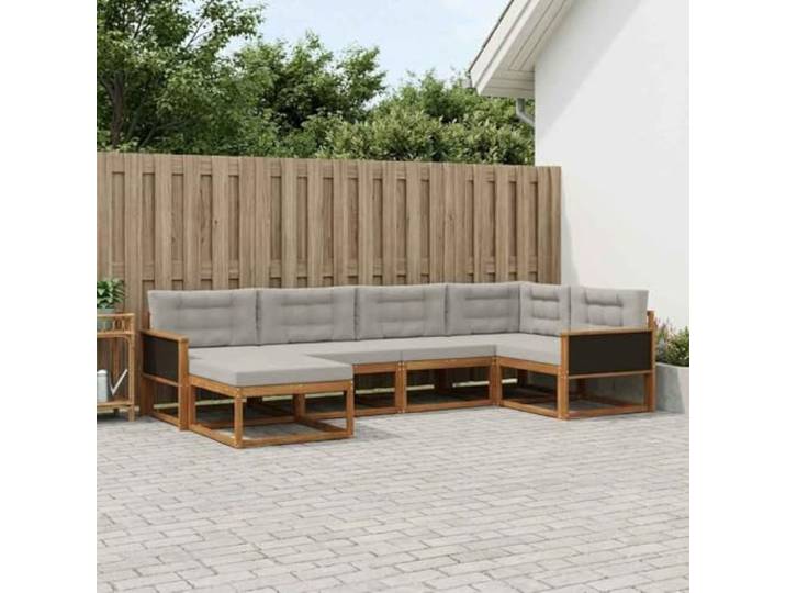 HFMDRMU Outdoor-Sofagarnitur mit Kissen 6-teilig, Gartenmöbel Set aus massivem Akazienholz mit Lattenrahmen, modulares Sitzgruppe für Garten und Terrasse in Natur und Hellgrau
