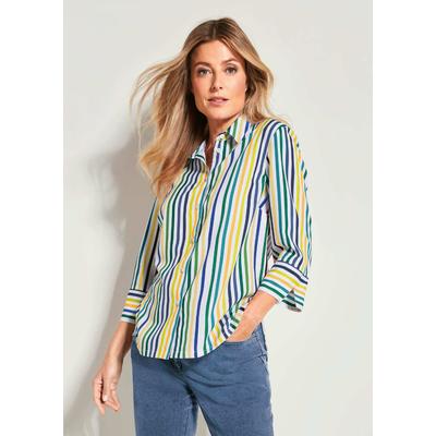 Hemdbluse GOLDNER "Blusenshirt mit Streifenmuster", Damen, Gr. 44, grün (grün, blau, gelb, gestreift), Obermaterial: 100% Polyester PES., Modisch, gerade, Manschette, Blusen Hemdbluse, Knopfleiste