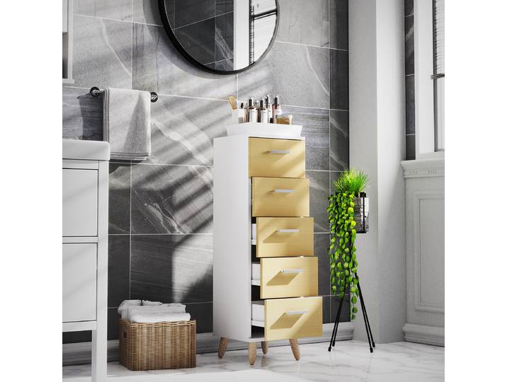 Armoire midi Landos - 5 tiroirs 30 x 100 x 30cm Blanc/Blanc/Imitation chêne
