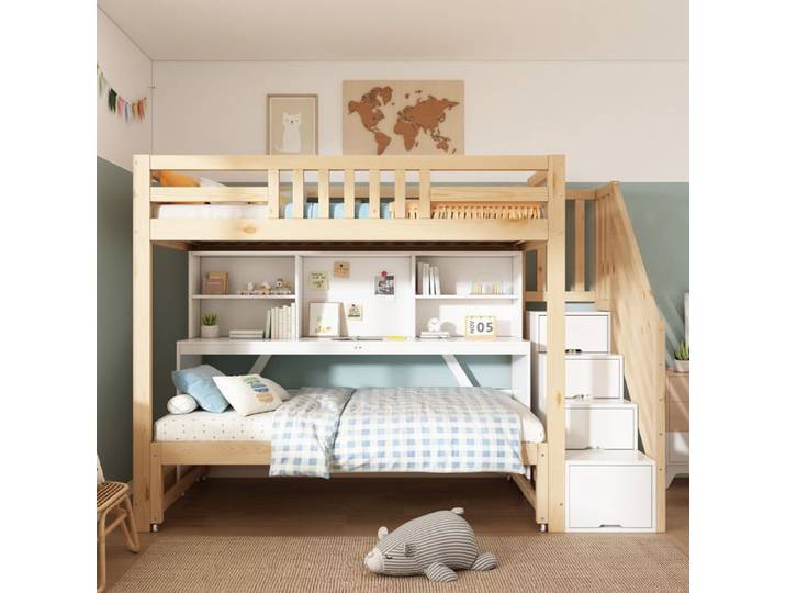 Lit mezzanine enfant - MAISENTIEL - Maisentiel - 2 couchages 90x200/90x190 - Bureau mobile & rangements - Blanc/Chêne