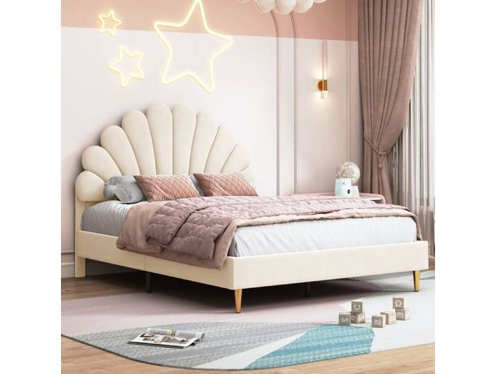 Lit Complet - TIMPFEE - Structure de lit - 140 x 200 cm - Tête de lit velours pétale beige - Sommier à lattes