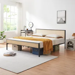 Metallbett Linköping mit rechteckigem Kopfteil 180x200 cm Schwarz/Rattanoptik [en.casa]