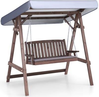 Costway 2-Person Porch Swing with Fir Wood Stand and Tilt Canopy-Brown