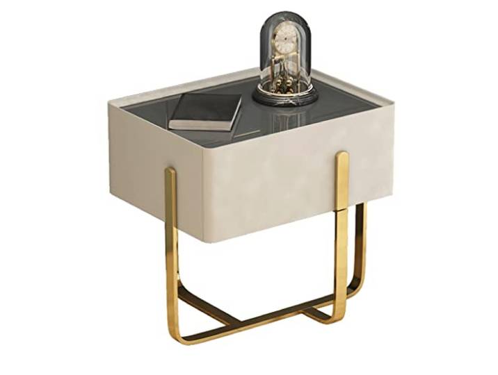 YCCHAH Bett mit Stauraum Nordic Creative White Nachttisch Wohnzimmer Schlafzimmer Schrank Glas Arbeitsplatte Metall Tischrahmen Desktop