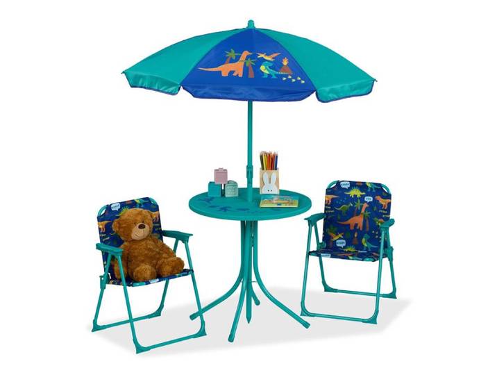 Relaxdays ensemble sièges enfants Camping motif dinosaure avec parasol chaises pliantes et table jardin turquoise