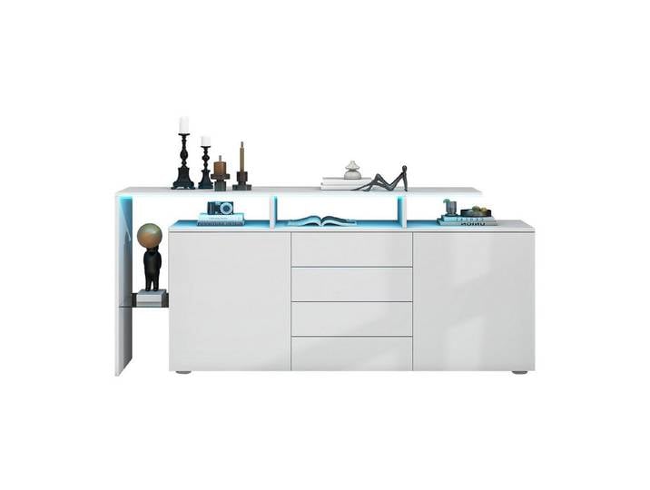 MODFU Sideboard Kommode mit LED-Beleuchtung (TV-Schrank, Lowboard Fernsehtisch mit Glasablagen), hochglanz