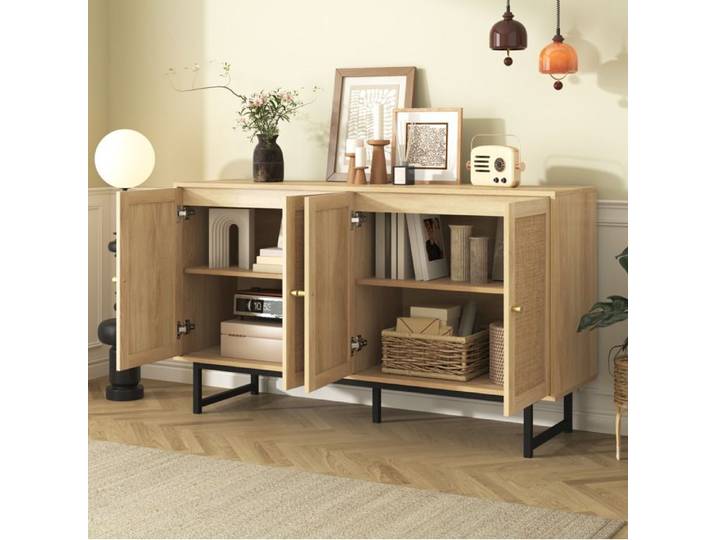 Buffet Bas 4 Portes Aspect Bois Sideboard Cannage Naturel FloraGrace Pour Salon Ou Entree Grand Rangement 140x39 5x80cm