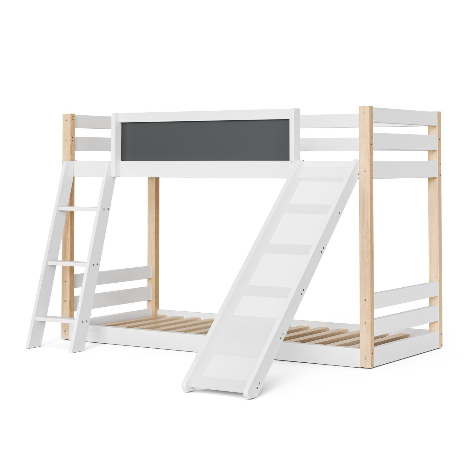 Etagenbett für Kinder mit Rutsche & Treppe, stabilem Wood+PB-Rahmen, 4-seitigem Schutzgitter, umweltfreundlich 747-,90×200+90×190 cm