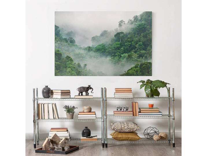 Leinwandbild Dschungel im Nebel I Leinen Grün 120cm