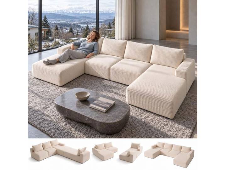 Canapé Modulaire en U Velours Côtelé Beige ZARPATH Canapé Sectionnel Modulable Reconfigurable pour Salon Moderne