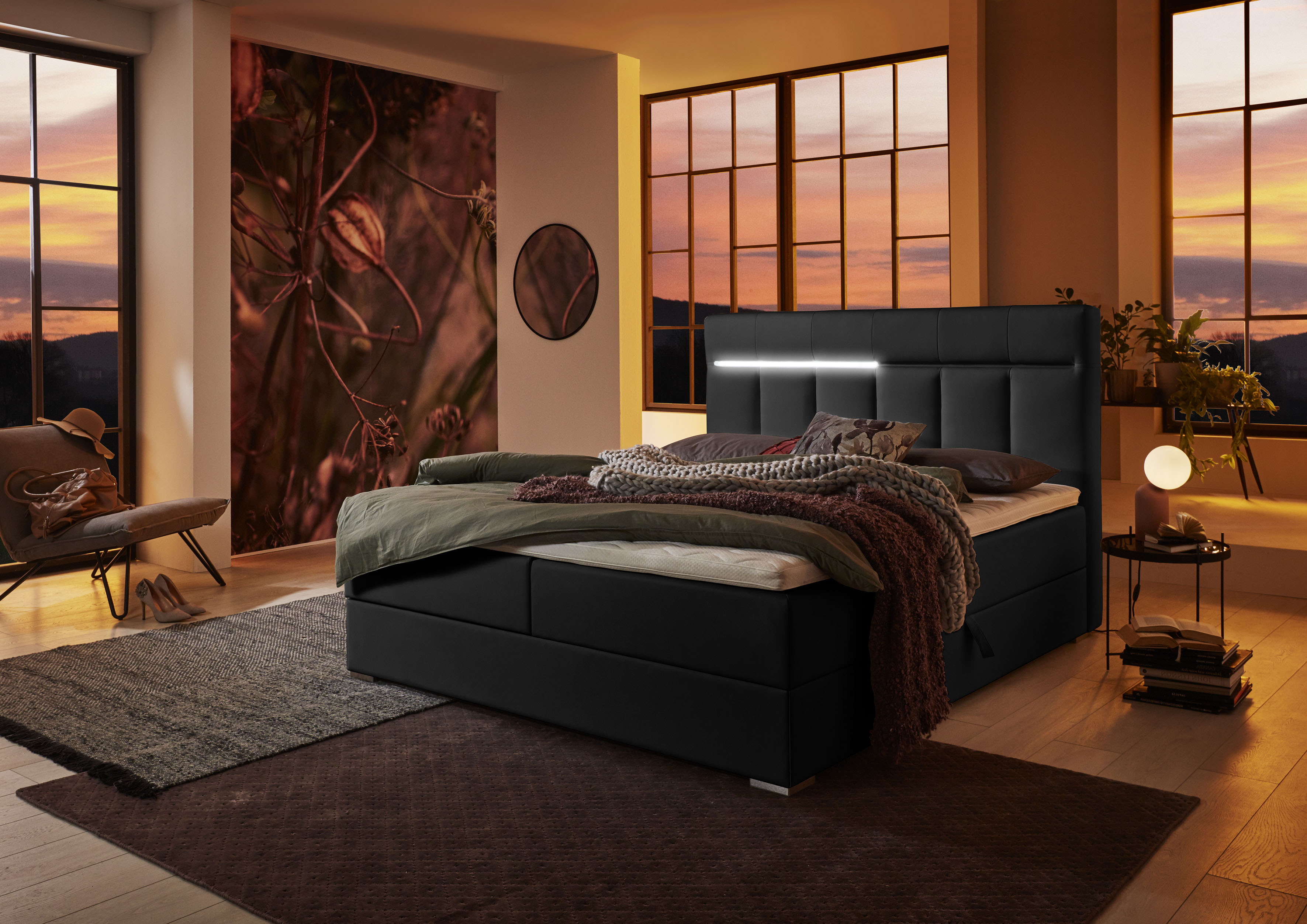 Boxbett "Tessa", schwarz, B:163cm L:213cm, Bezug Bett: Kunstleder (100% Polyurethan);Bezug Topper: Jersey (100% Polyester), ATLANTIC HOME COLLECTION, Komplettbetten, Boxbett, mit LED-Beleuchtung und Bettkasten schwarz Kunstleder LED-Beleuchtung, Liegefläc