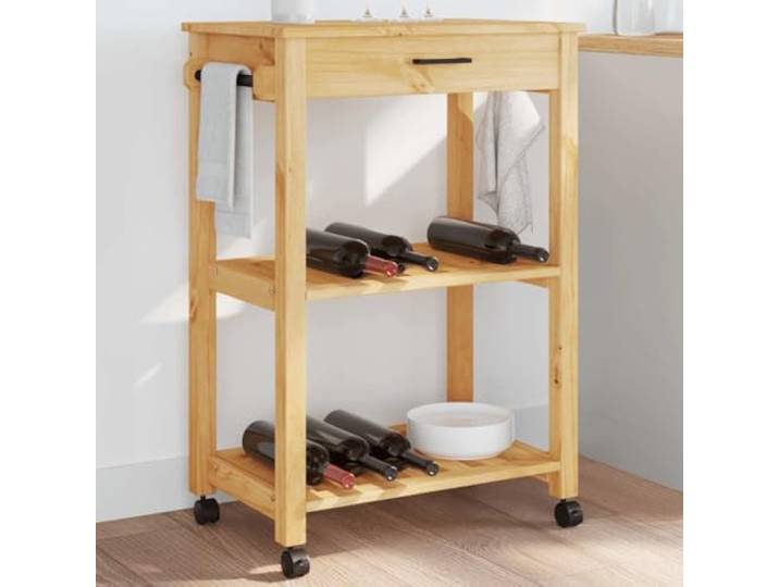 TUERYAFEK Küchenwagen Monza 60x40x88,5 cm aus Kiefer-Massivholz, Küchenregal mit Schublade und 3 Ablagen, Servierwagen Holz mit Rollen und 2 feststellbaren Rädern, vielseitiger Rollwagen