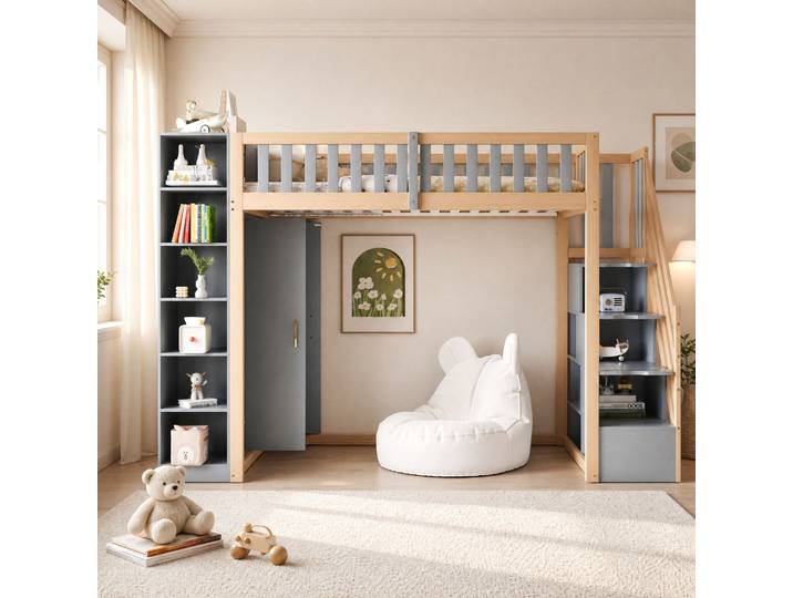 Lit Mezzanine 290x96\,5x173 Cm En Bois Gris\, Rangement\, Pour Chambre – Sans Matelas – Meubliv
