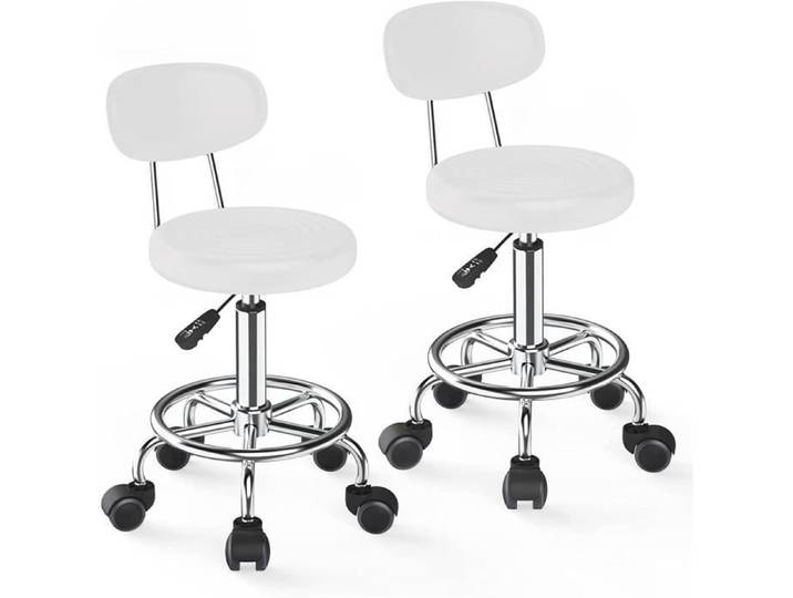 Tabouret de Bureau - VIVOLIL - Lot de 2 - Réglable en hauteur - Blanc