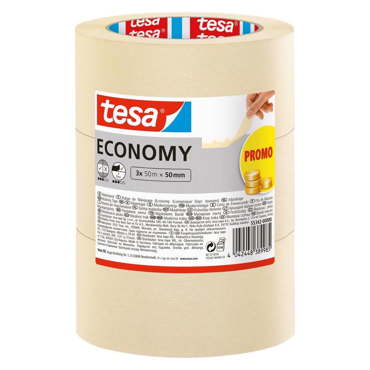 tesa 3x Malerband ECONOMY Abdeckband, Dreierpack (50 mm) (55342-00000-00)