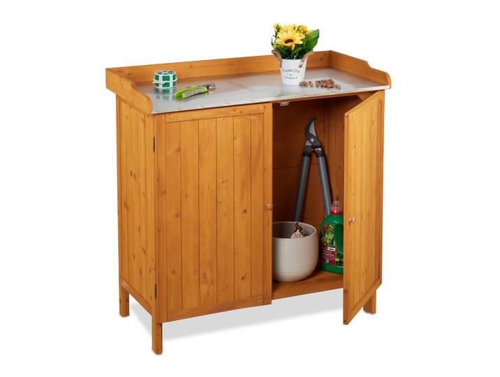 Relaxdays Pflanztisch Orange mit Unterschrank 94x94x47 cm, Holz, Metall, 94x94x47 cm, Gartenzubehör, Geräteschuppen