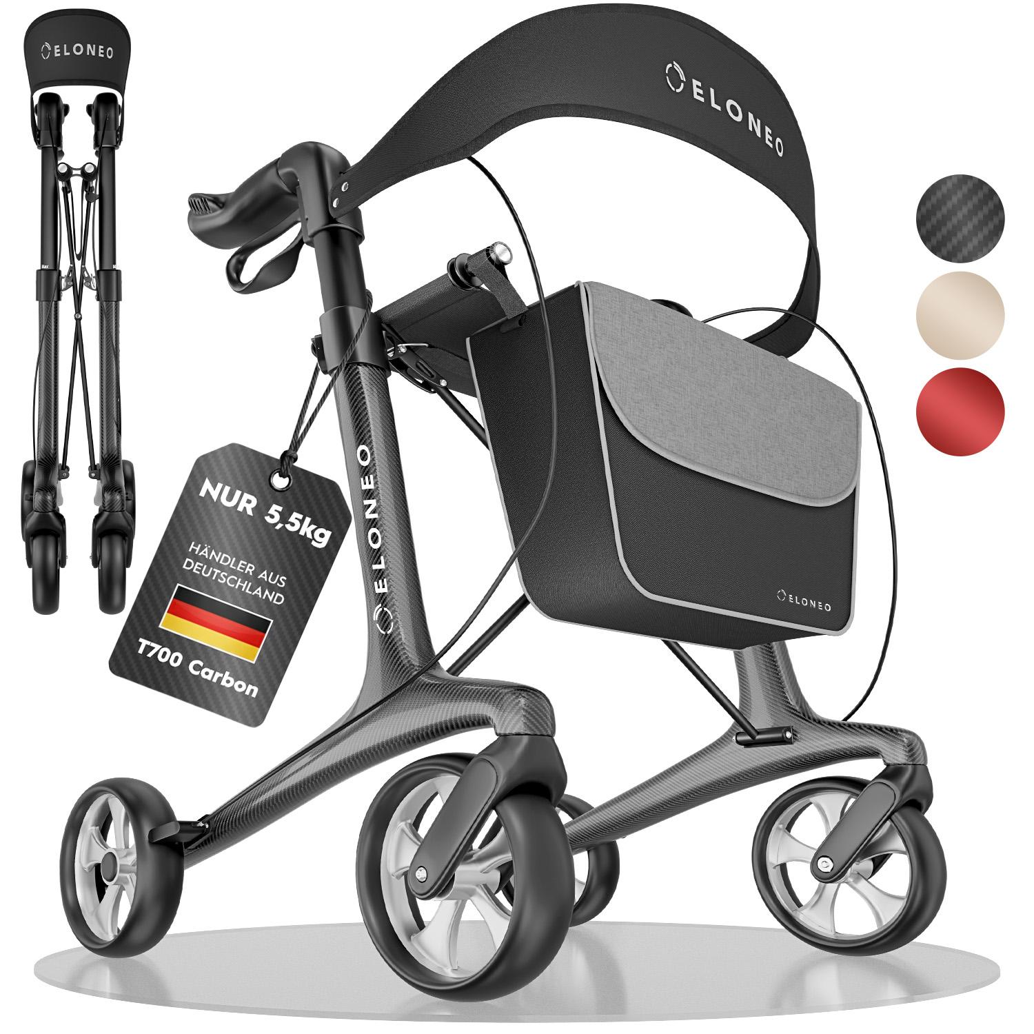 ELONEO Carbon Rollator faltbar und leicht mit Sitz, Leichtgewicht-Reiserollator, ultraleicht, Grau - Größe L