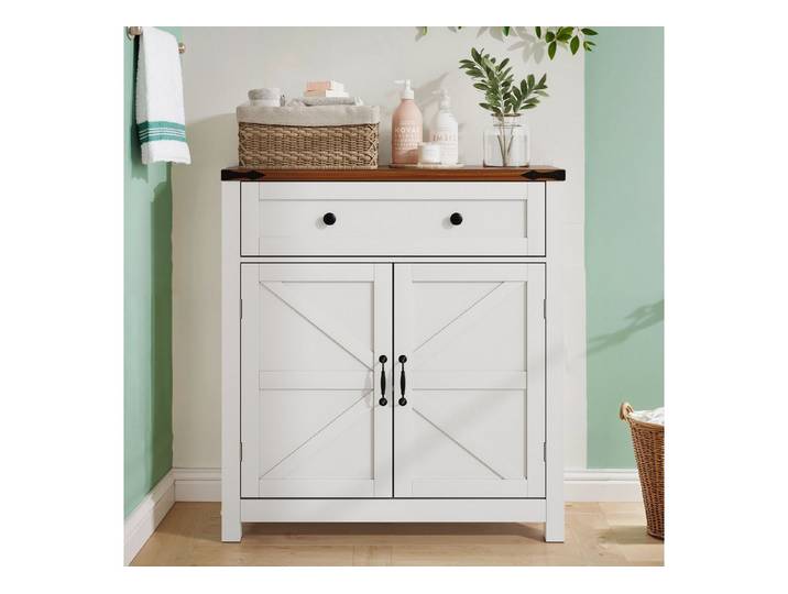 IDEASY Sideboard Weißer Bauernhaus-Küchenschrank mit Schubladen & Regalen, Küchenschrank mit Walnuss-Arbeitsplatte & Kaffeebar