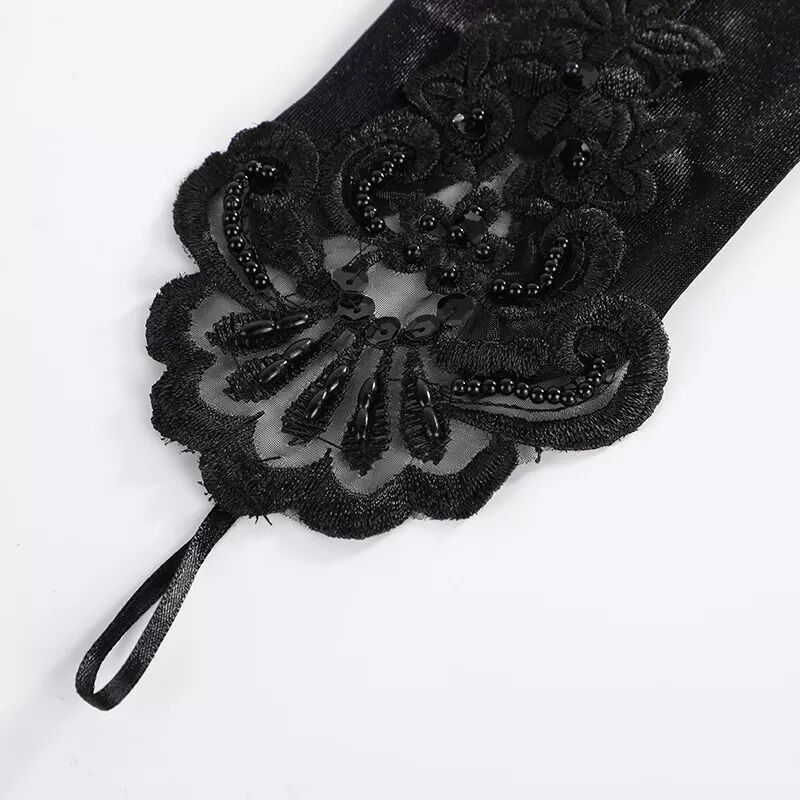 INF Elegante Brauthandschuhe aus Satinspitze mit Perlenstickerei Schwarz