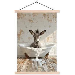 POSTER MIT MAGNETLEISTEN Esel - Tiere - Badewanne - Schaumstoff Wandbild Schlafzimmer 60x90 cm