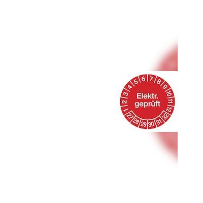 Kabelprüfplakette ab 27, Elektrisch geprüft ab 27, Rot/Weiß - Bogen = 5 Plaketten - 50 x 20 mm Folie selbstklebend