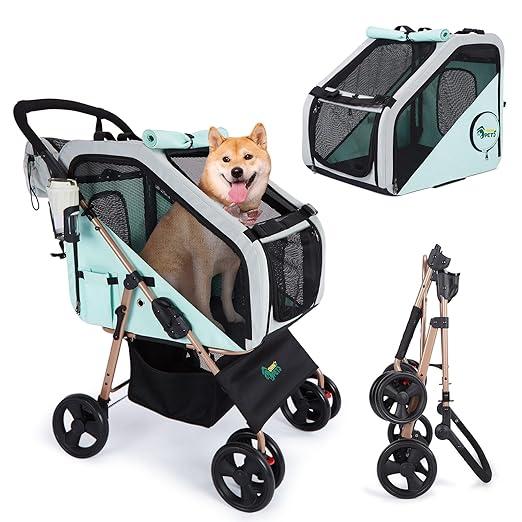 Hundebuggy für mittelgroße Hunde Blau, 3-in-1 Hundewagen für mittelgroße Hunde bis 30kg, Sekundenfaltung & 360° Drehräder, verstellbarer Griff, Stoßdämpfung & abnehmbare Autotransportbox
