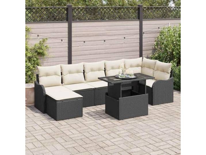 HEFZGDB 8-teiliges Garten-Sofa-Set mit Kissen und Glas-Tisch, Sitzgruppe Outdoor Set aus robustem Poly-Rattan in Schwarz, inklusive Eckbank, Armsofas und Fußhocker für die Terrasse