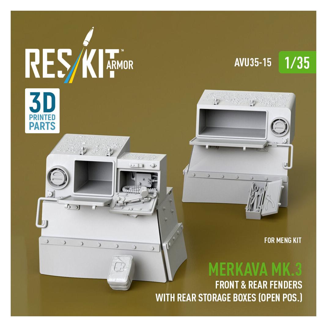 ResKit Merkava Mk.3 front & rear fenders with rear storage boxes (open pos.) for Meng kit (3D Printed) (AVU35-0015)
