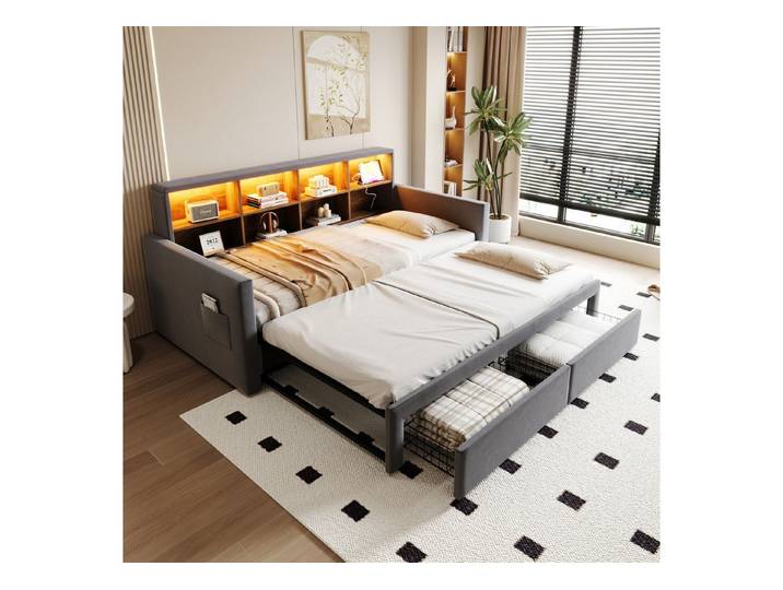 i@home Daybett Polsterbett, Tagesbett, Ausziehbett, Ausziehbares Daybett 90/180 x190cm, LED-Lichtleiste und Ladesteckdosen