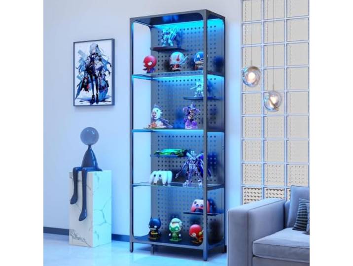 Feonase Glasvitrine mit Lochwand & LED-Beleuchtung Schwarz 60x35x165 cm - Beleuchteter Vitrinenschrank mit Sicherheitsglas & Böden - Standvitrine für Sammlerstücke & Aufbewahrung im Schlafzimmer
