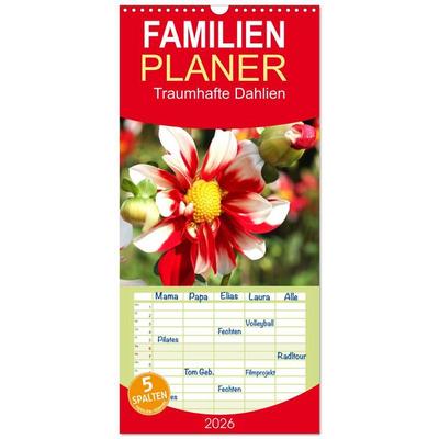 Familienplaner 2026 - Traumhafte Dahlien mit 5 Spalten (Wandkalender, 21 x 45 cm) CALVENDO