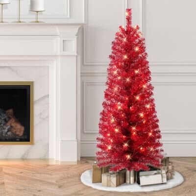 Puleo International 4.5 ft. Pre-lit Red Tinsel Tree