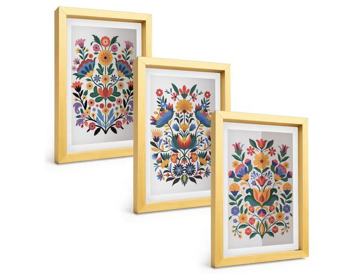 Tulup Bilder SET 3er Set - 20x30 cm Goldrahmen - Blumenmuster in intensiven Farben, Goldfarben, Kunststoff, Rechteckig, 20x30 cm, einfache und schnelle Anbringung, Bilder & Rahmen, Bilder
