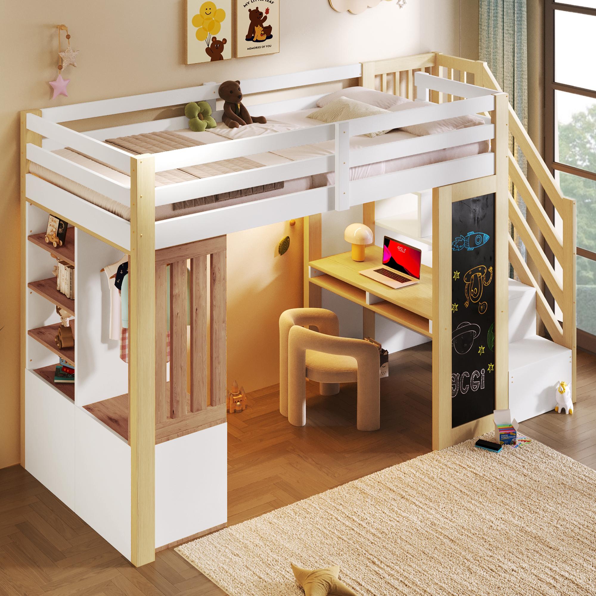 MODFU Hochbett 90x200 Funktionsbett mit LED-Beleuchtung und Beleuchtung,Holzbett Schreibtisch und Regal,Bettgestell mit Kleiderschrank,ohne Matratze,Weiß+Natur