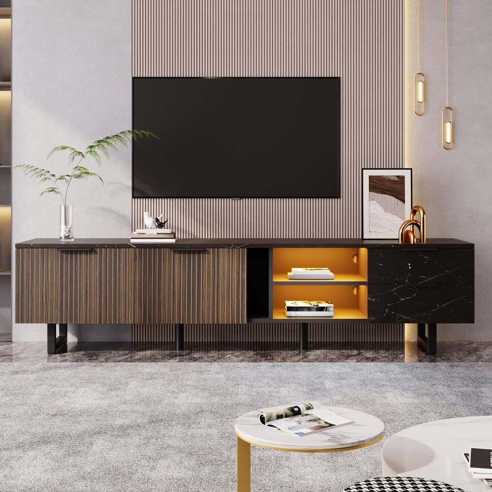 MODFU Mueble tv con led, puertas y cajones 200 cm, negro