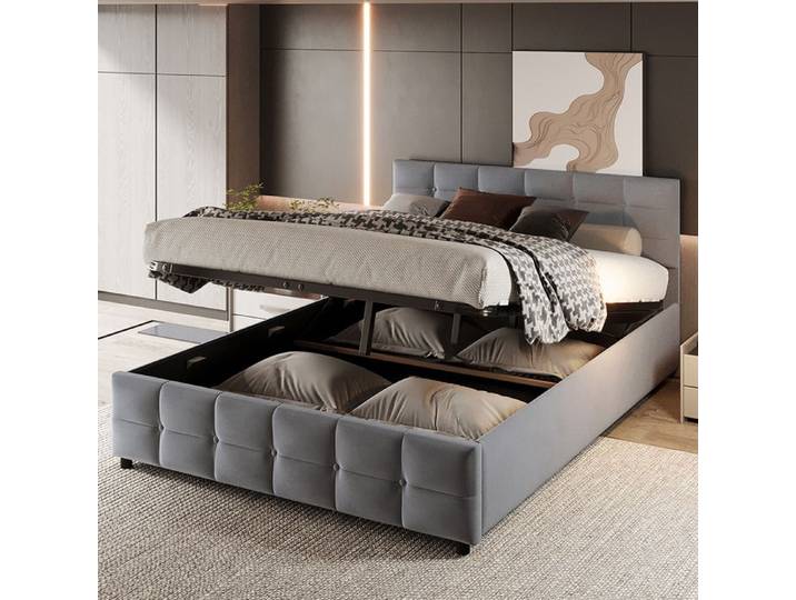 Lit coffre - YEHTOKHOME - Lit coffre 180x200 cm - Velours hollandais - Sommier à lattes - Rangement hydraulique