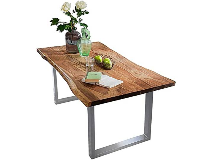 SAM Esstisch Quarto 160x85 cm Akazie nussbaum/U-Gestell Silber massiv, Echte Baumkante, Akazienholz nussbaumfarben, Tischplatte 26 mm, Industrial-Design, Baumkantentisch, Esszimmertisch