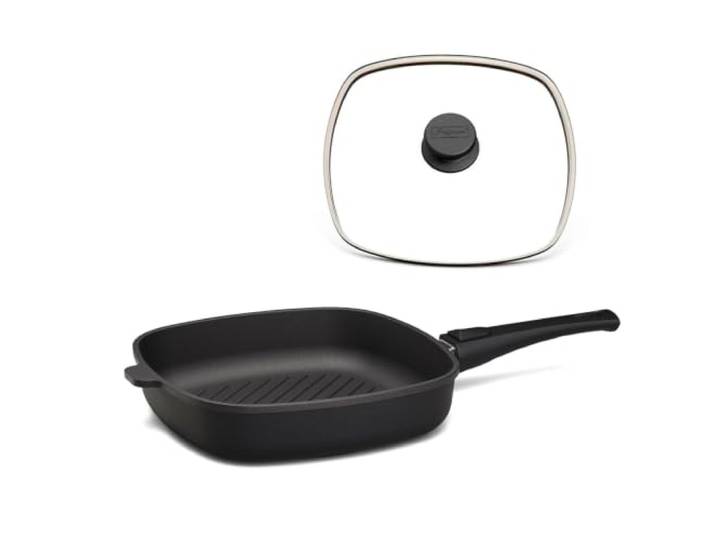 Hoffmann STONIQ Grillpfanne 28x28 cm – eckige Steakpfanne mit Grillstreifen, IQ-SHIELD Antihaftbeschichtung PFAS-frei, Aluguss, abnehmbarer Stiel für alle Herdarten inkl. Induktion, Made in Germany