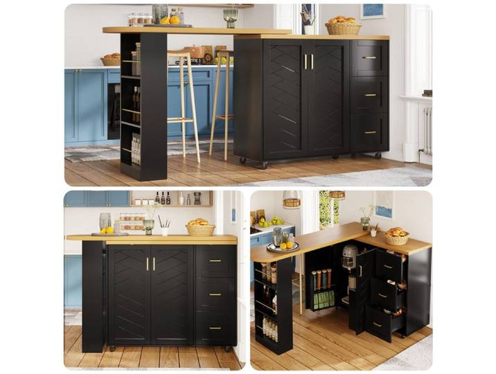 Chariot de bar extensible - 135-228x39x104 cm - Noir - Roulant - 2 portes - 3 tiroirs - Plan de travail aspect bois