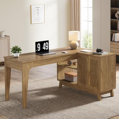 YUZHOU L-Shaped Desk with Storage Cabinet, 57-Inch Wood Corner Workstation