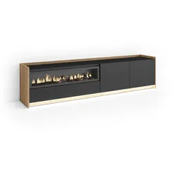 LOWBOARD, Schwarz und Eiche, 207/37/50cm, Kamin mit Feuereffekt