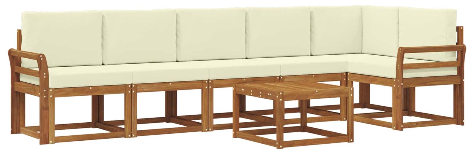 Modulare Outdoor-Sofagarnitur, 7-teilig, wetterbeständig, massives Akazienholz, 6 Sitzplätze, Natur und Creme