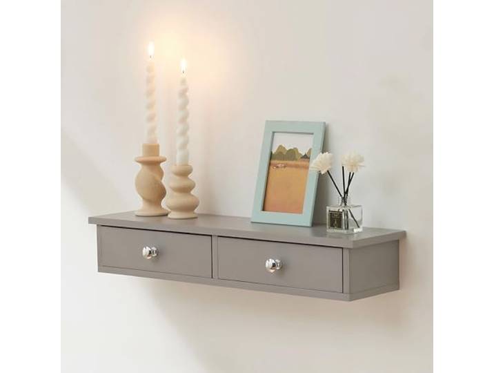 [en.casa] Wandregal Geeste Nachttisch hängend mit 2 Schubladen Nachtschrank Wandmontage Hängeregal 60 x 15 x 10 cm Schweberegal Hellgrau