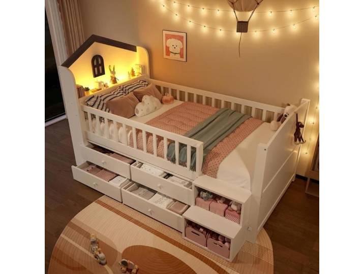 Lit enfant - KOMHTOM - Lit maison enfant moderne - 90x200 cm - 4 tiroirs & étagères - LED intégrée