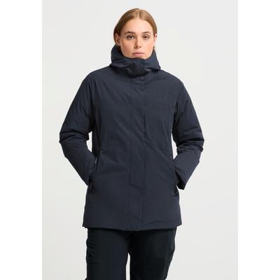 Daunenjacke JACK WOLFSKIN "FIORA BAY LONG JKT W", Damen, Gr. S (36), schwarz (schwarznavy), Obermaterial: 100% Polyamid. Füllung: 80% Daunen, 20% Federn. Futter: 100% Polyester, Jacken Daunenjacke, mit Kapuze, wasserdicht, winddicht, atmungsaktiv
