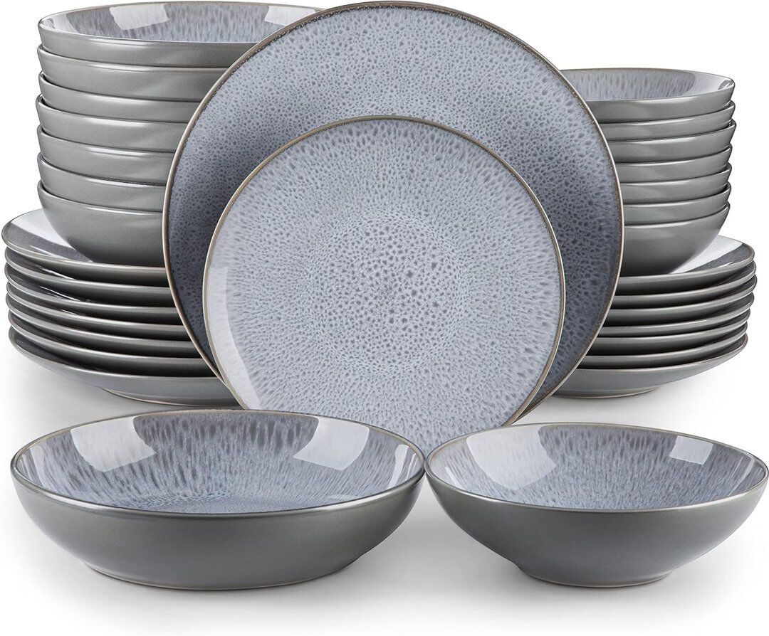 Vancasso 32 Pieces Dinnerware Set, Green Set, Porcelain Dinnerware, Plates And Bowls Set For 8 Person, Dinner Plates, Dessert Plates, Bowls And Soup Plates Grey 32