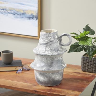 ARCILLA ELEMENTAL Light Gray Paper Mache Distressed Fluted Decorative Vase with Light Gray Texturing and Ring Handle