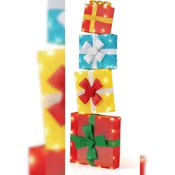 COSTWAY 120 cm große LED-Geschenkboxen, 4 stapelbare Weihnachtsdekorationsboxen mit 48 warmweißen Lichtern, beleuchtete Weihnachtsbox