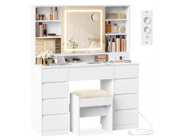 VASAGLE Schminktisch mit Beleuchtung und Hocker Set Mit Beleuchtung, Spiegel, 9 Schubladen, Weiß, KAILYN Kollektion RDT137WB01-02