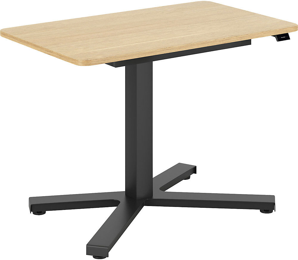 kaiserkraft Schreibtisch Miva, elektrisch höhenverstellbar, Monosäulen-Beistelltisch, gerade, LxB 900 x 550 mm, Eiche hell/schwarz